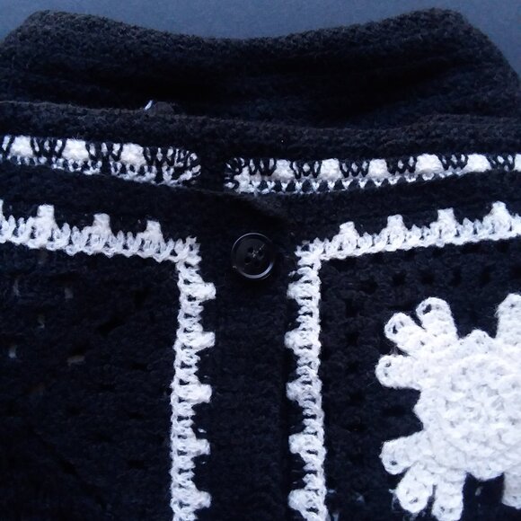 Crochet Floral Square Patchwork Black Ivory Polo Knit Button Shirt by Sandstone - Picture 5 of 8